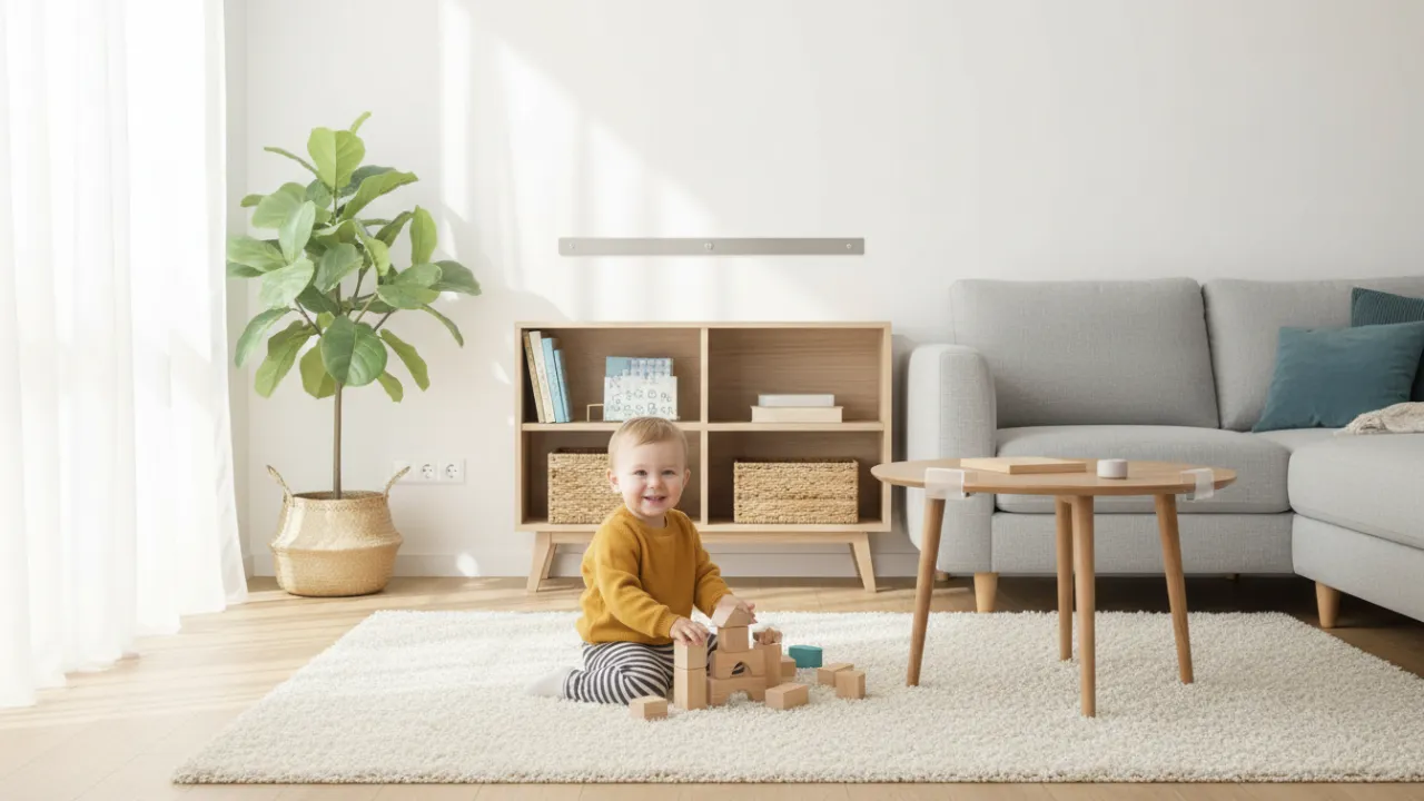Ett barnsäkrat vardagsrum i en modern lägenhet med fokus på trygghet och design.