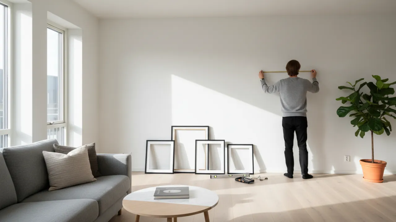 En person som mäter på en vägg i en hyresrätt för att sätta upp en tavla.