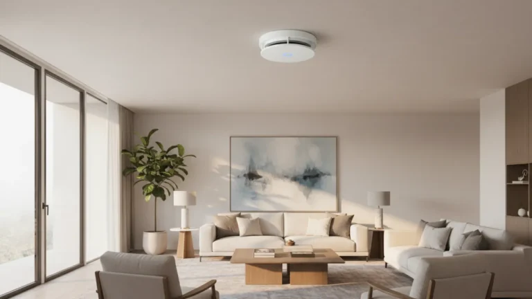 En modern smart brandvarnare monterad i ett stilrent skandinaviskt tak.