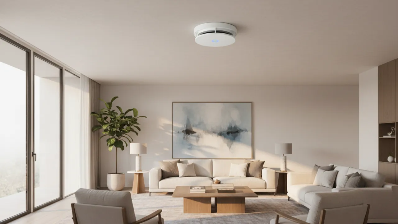 En modern smart brandvarnare monterad i ett stilrent skandinaviskt tak.