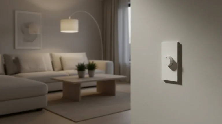 En modern dimmer installerad på en vägg i ett skandinaviskt hem med stämningsfull belysning.