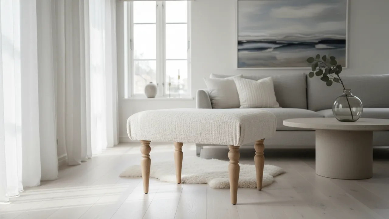 En handgjord DIY fotpall i ett modernt skandinaviskt vardagsrum.