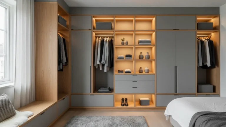 En lyxig platsbyggd DIY-garderob med integrerad belysning i ett svenskt sovrum.