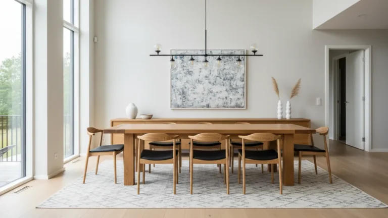 Ett vackert DIY matbord i massiv ek i en ljus skandinavisk matsal.