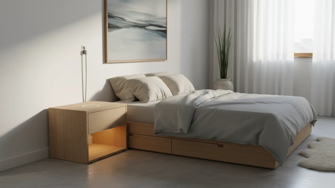 Ett handbyggt sängbord i ek med integrerad belysning i ett skandinaviskt sovrum.