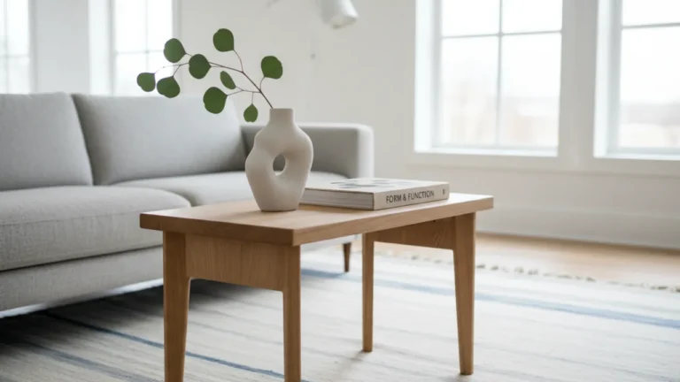 Ett handgjort DIY sidobord i ljust trä i ett skandinaviskt vardagsrum.