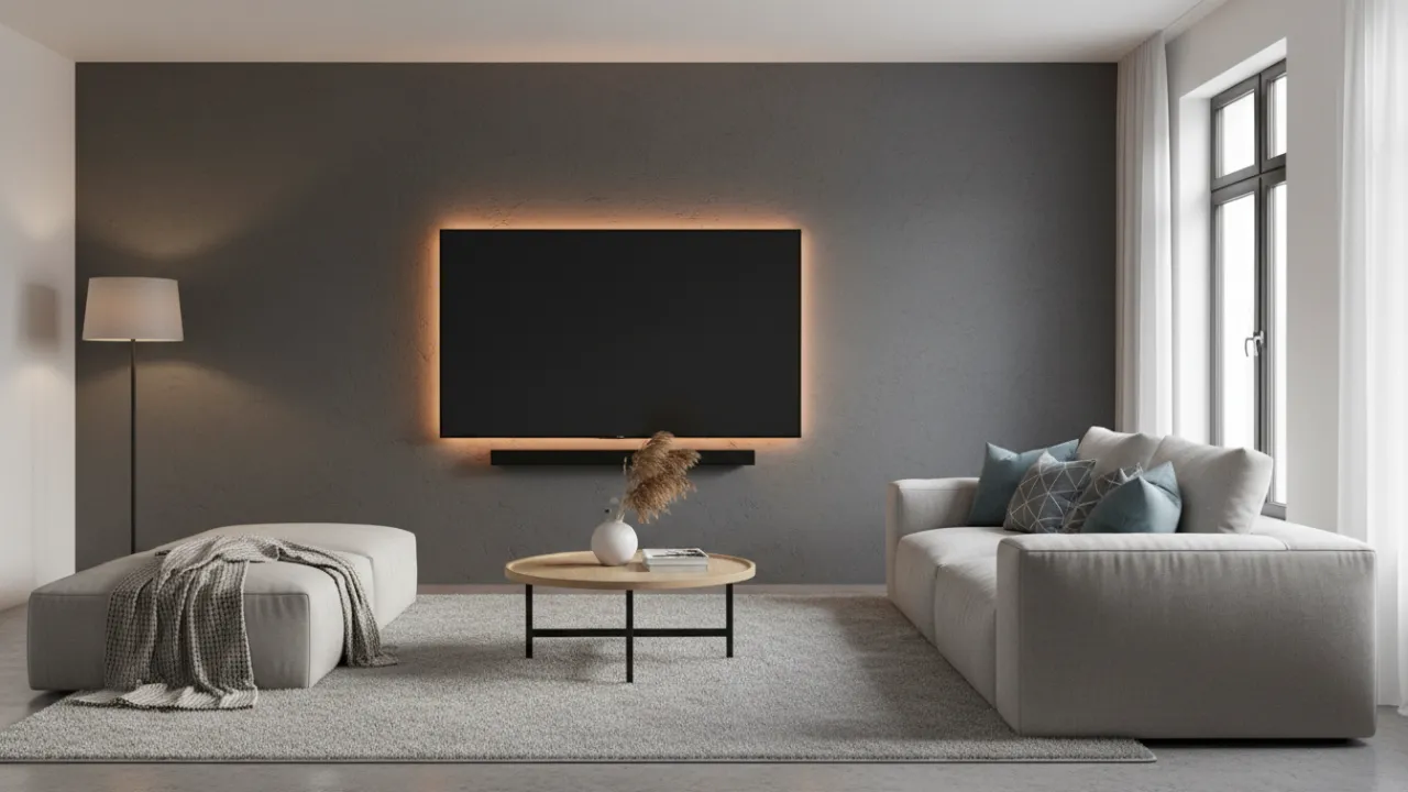 En professionellt monterad 85-tums TV med soundbar och LED-bakgrundsbelysning i ett modernt vardagsrum.