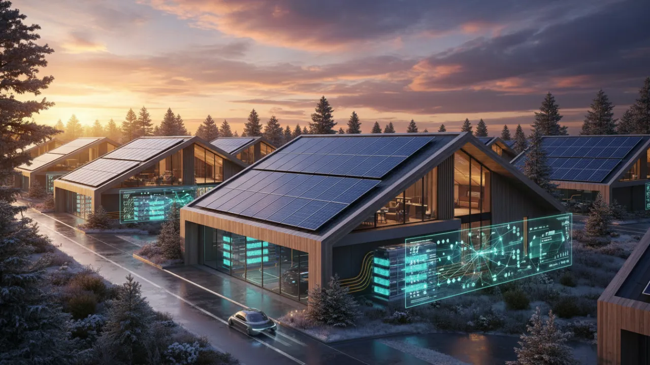 Modernt svenskt bostadsområde med solceller och energidelning 2026