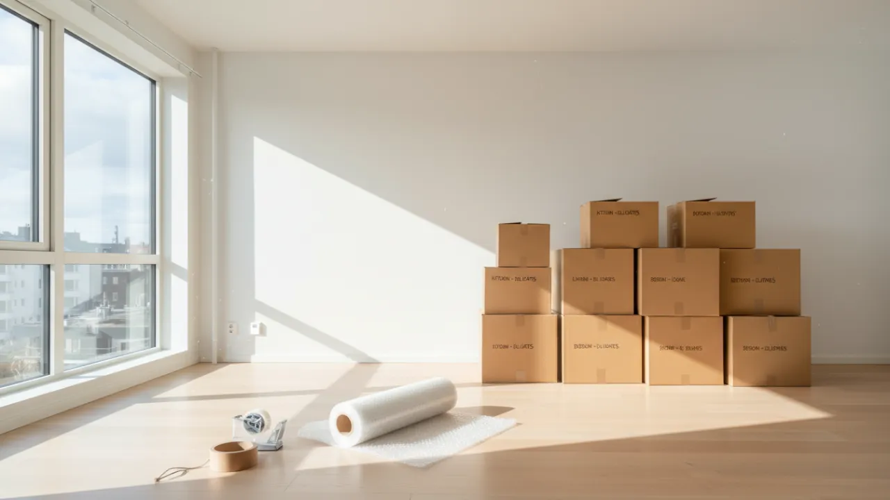 Välstrukturerad flyttpackning i en ljus svensk lägenhet med märkta flyttkartonger.