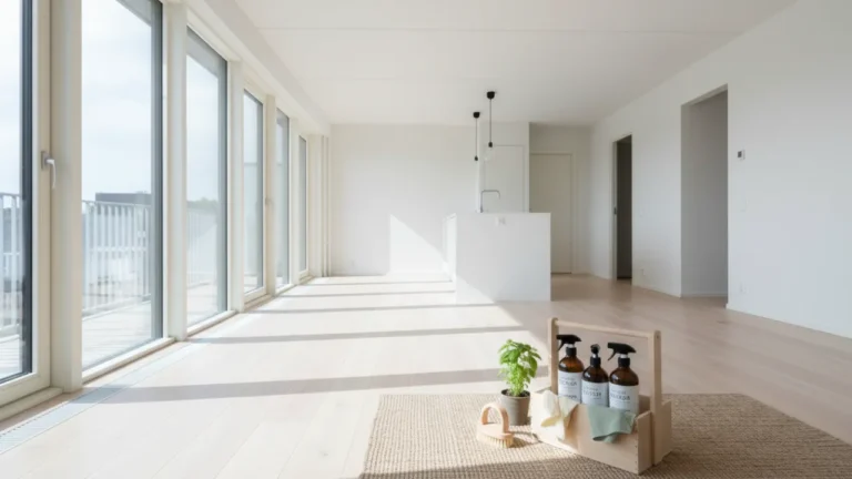 En ljus och tom lägenhet redo för flyttstädning med miljövänliga produkter.