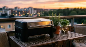 En modern elgrill på en balkong med växter och trätrall i kvällssol.