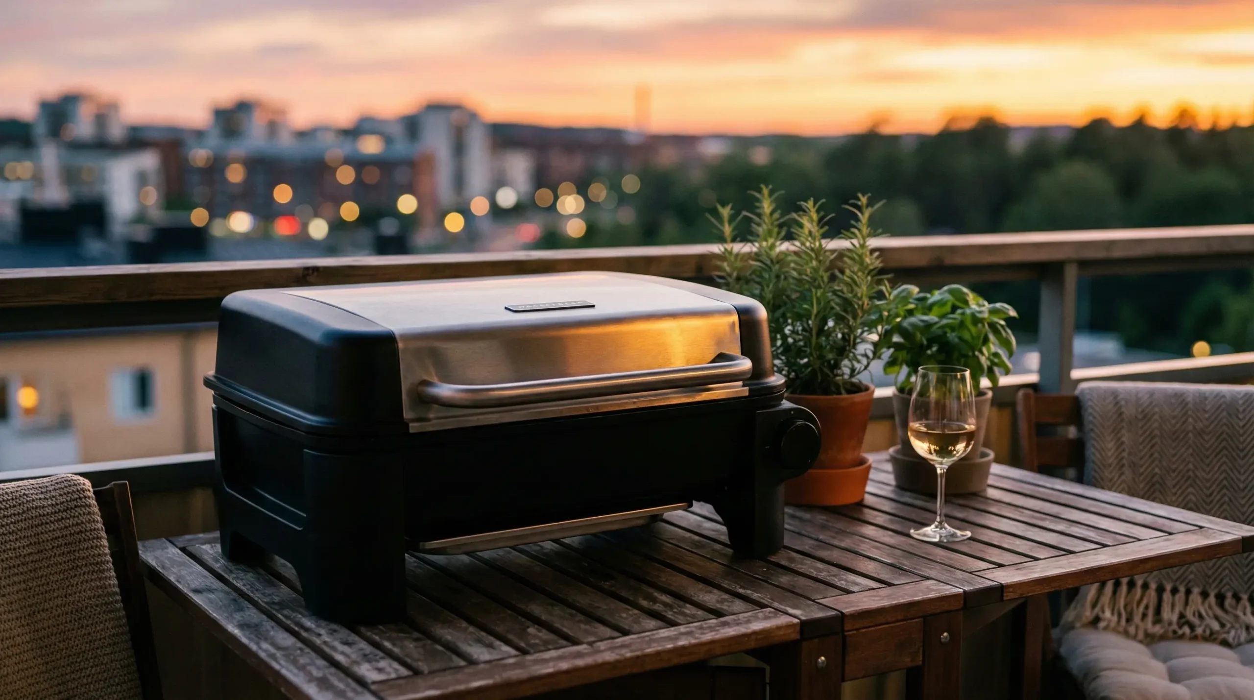 En modern elgrill på en balkong med växter och trätrall i kvällssol.
