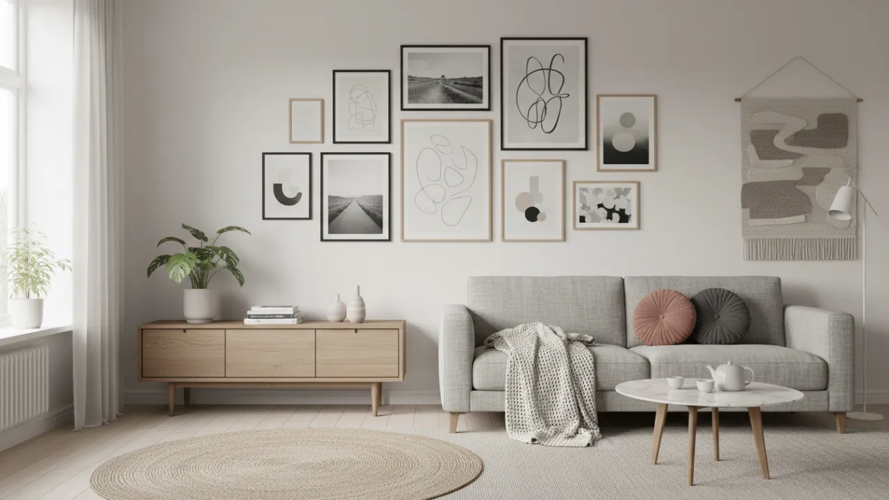 En perfekt komponerad tavelvägg i ett skandinaviskt vardagsrum