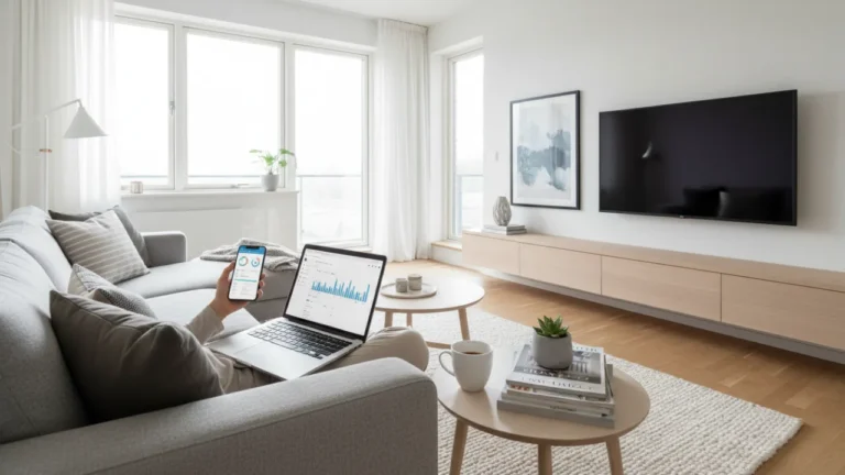 En person som planerar sin hushållsbudget 2026 i ett modernt svenskt hem.