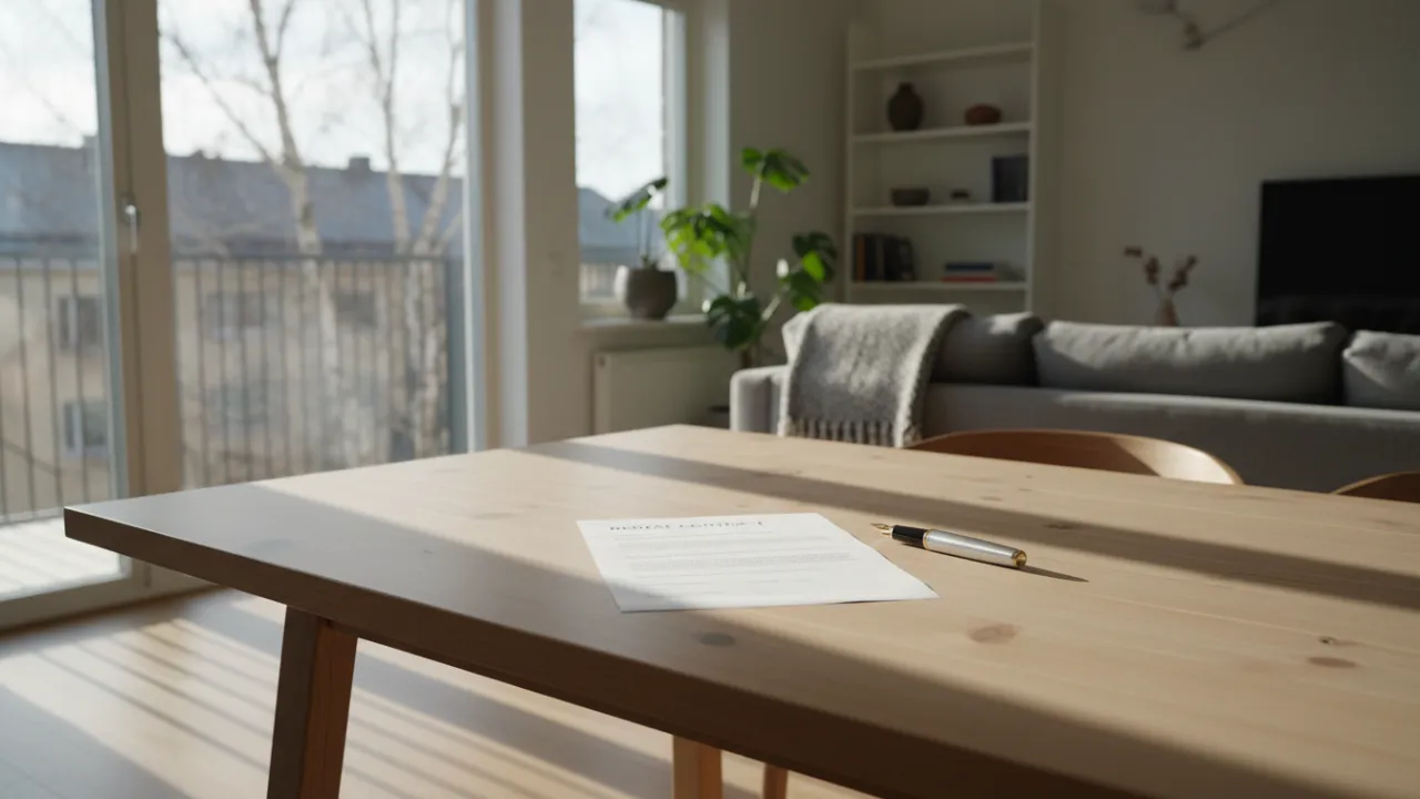 Ett hyresavtal och en penna på ett ljust träbord i en skandinavisk lägenhet.