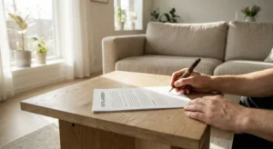 Signering av ett hyresavtal i en modern lägenhet för 2026.