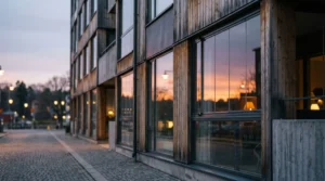 Ett modernt hyreshus i Sverige under en vacker solnedgång som representerar den svenska hyresmarknaden.