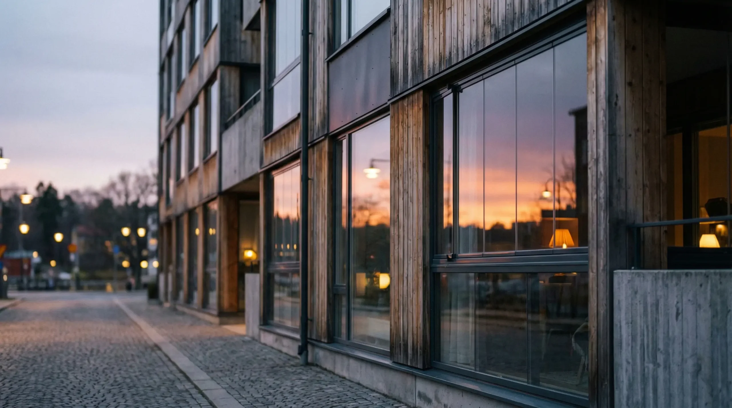 Ett modernt hyreshus i Sverige under en vacker solnedgång som representerar den svenska hyresmarknaden.