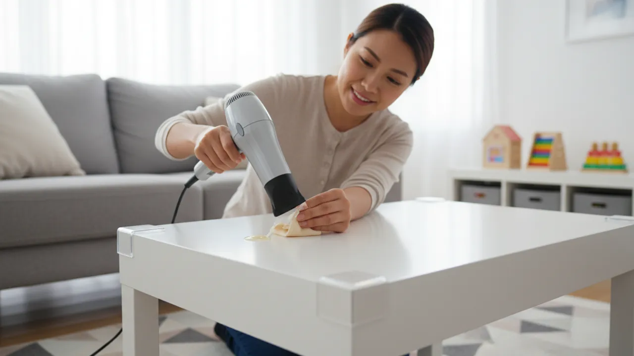 Borttagning av hörnskydd från ett bord med hjälp av värme för att undvika skador på möbeln.