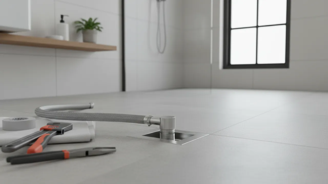 Detaljbild på en professionell avloppsanslutning mellan duschkabin och golvbrunn.