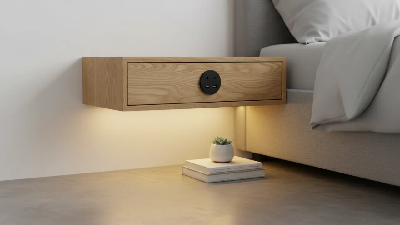 Detaljbild på ett sängbord med inbyggt eluttag och dold LED-belysning.