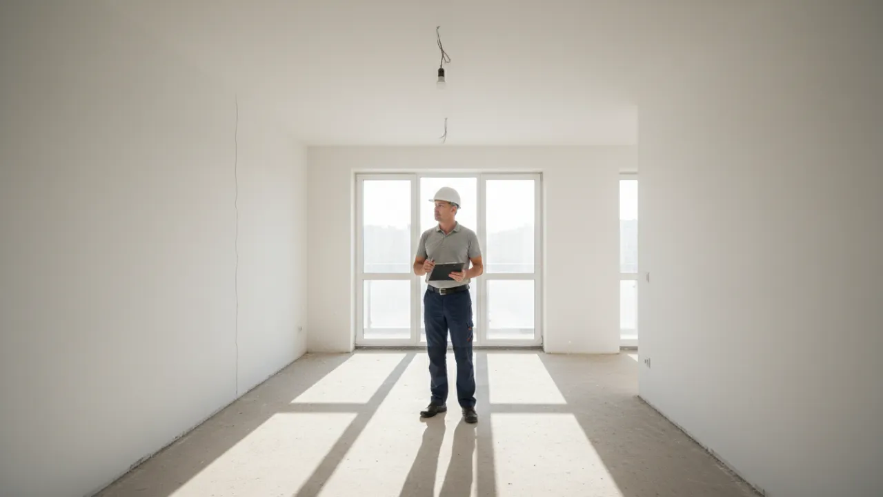 En besiktningsman som granskar väggar i en tom lägenhet