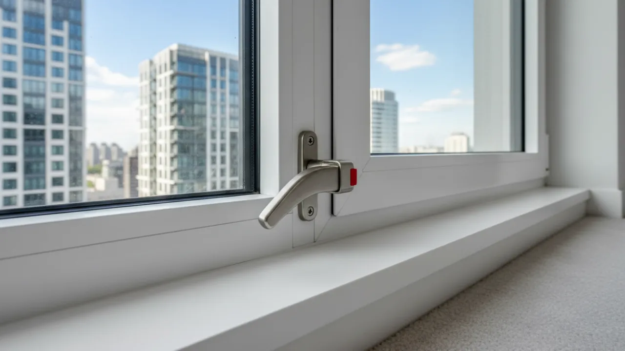 En godkänd fönsterspärr monterad på ett lägenhetsfönster för att förhindra fallolyckor.