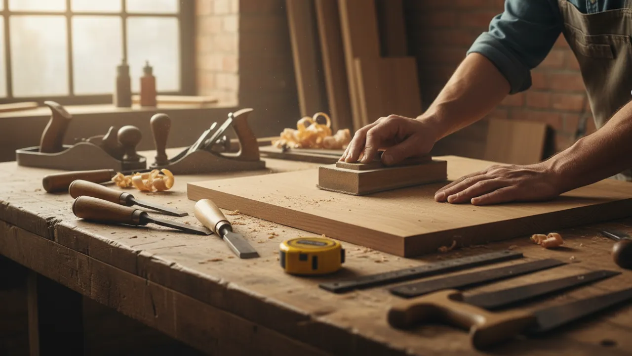 En hantverkare slipar en bordskiva av massivt trä för ett perfekt resultat.