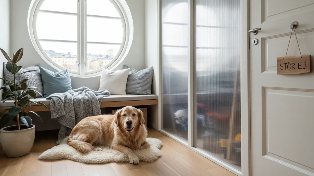 En hund som vilar i en trygg zon under en pågående lägenhetsrenovering