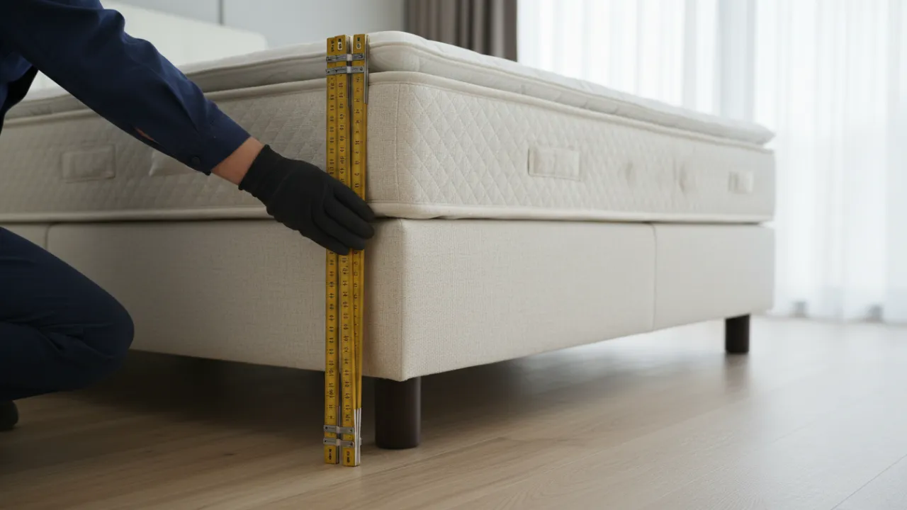 En person mäter höjden på en kontinentalsäng för att planera sitt DIY sängbord.