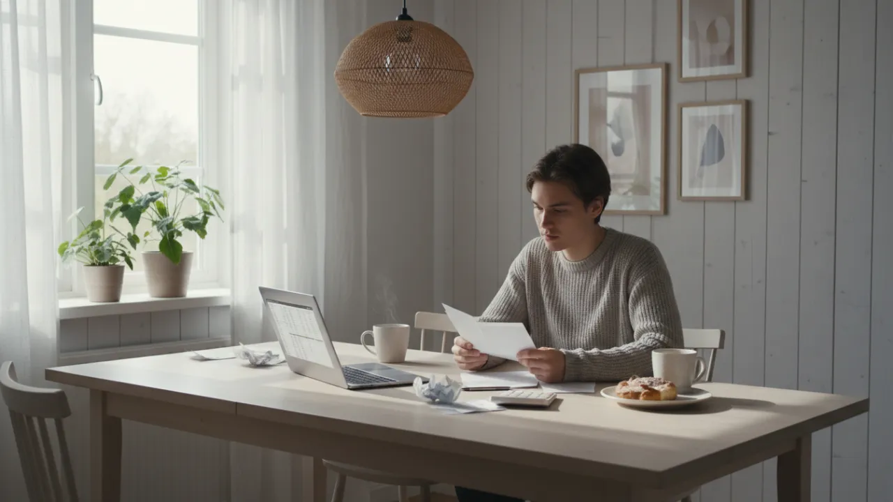 En person som räknar på sin boendekostnad vid ett köksbord.