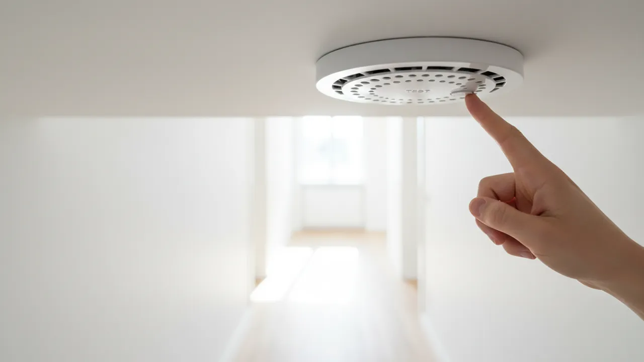 En person som testar sin brandvarnare genom att trycka på testknappen.