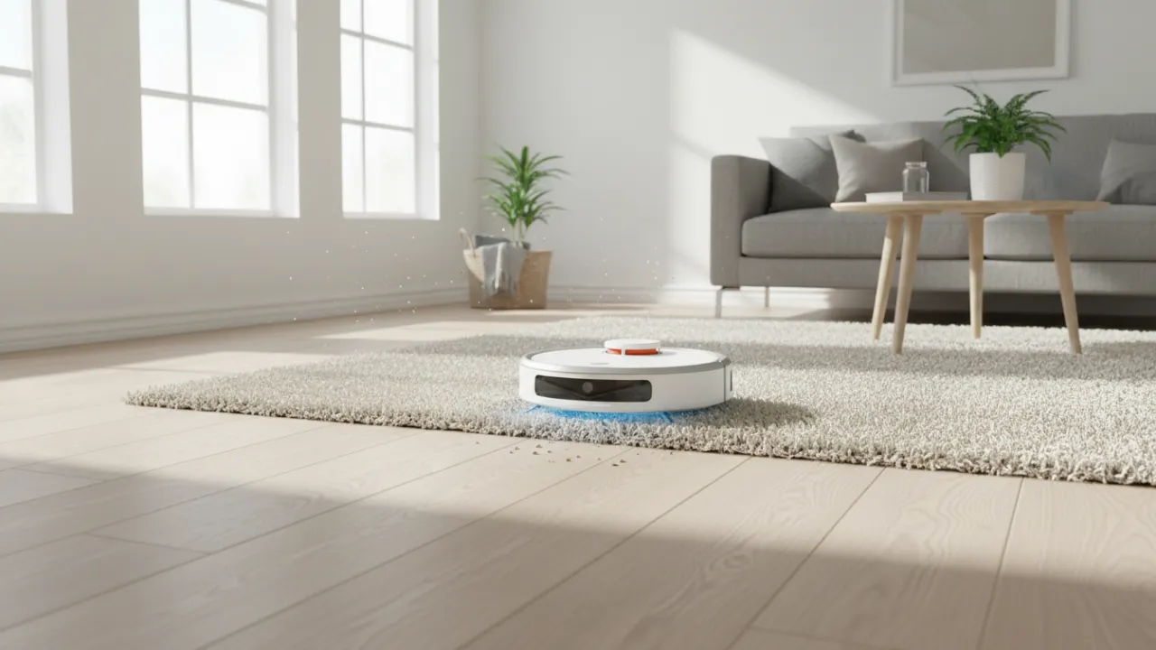 En person som utför månatligt underhåll på en robotdammsugare enligt en checklista.