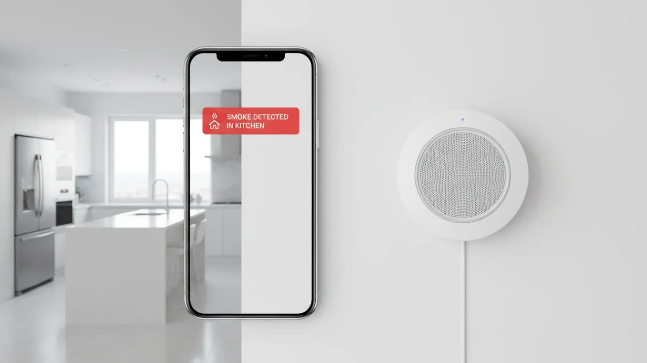 En smartphone som visar en rökvarning från ett smart hem-system.
