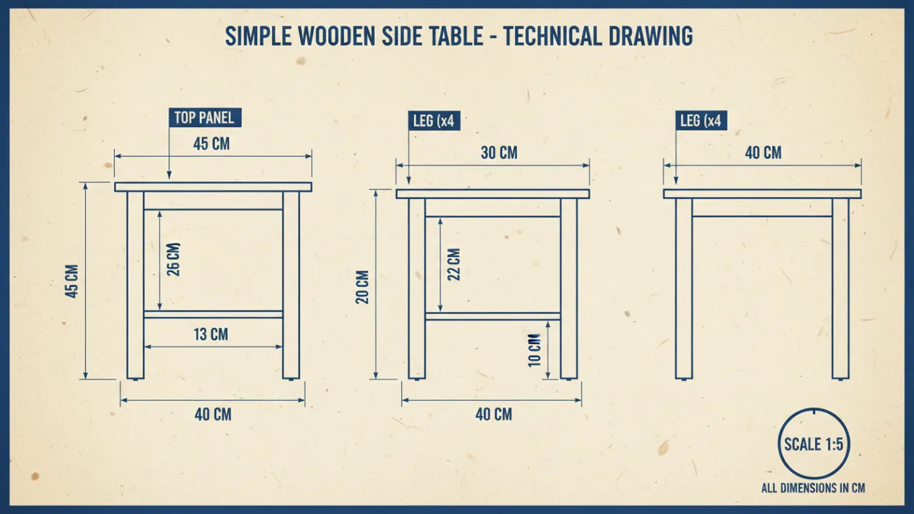 En tydlig måttskiss som visar proportionerna för ett DIY sidobord.