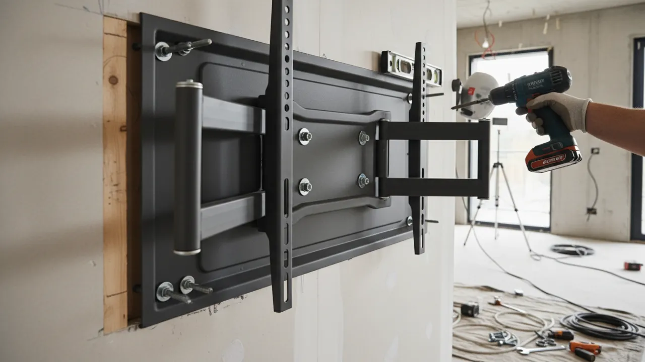 Ett kraftigt väggfäste för stora TV-skärmar monterat på en vägg.