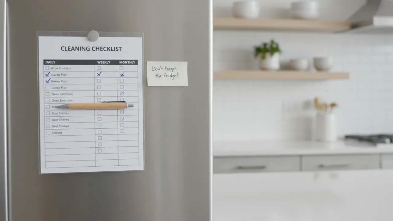 Ett städschema på ett kylskåp hjälper till att hålla ordning i lägenheten.
