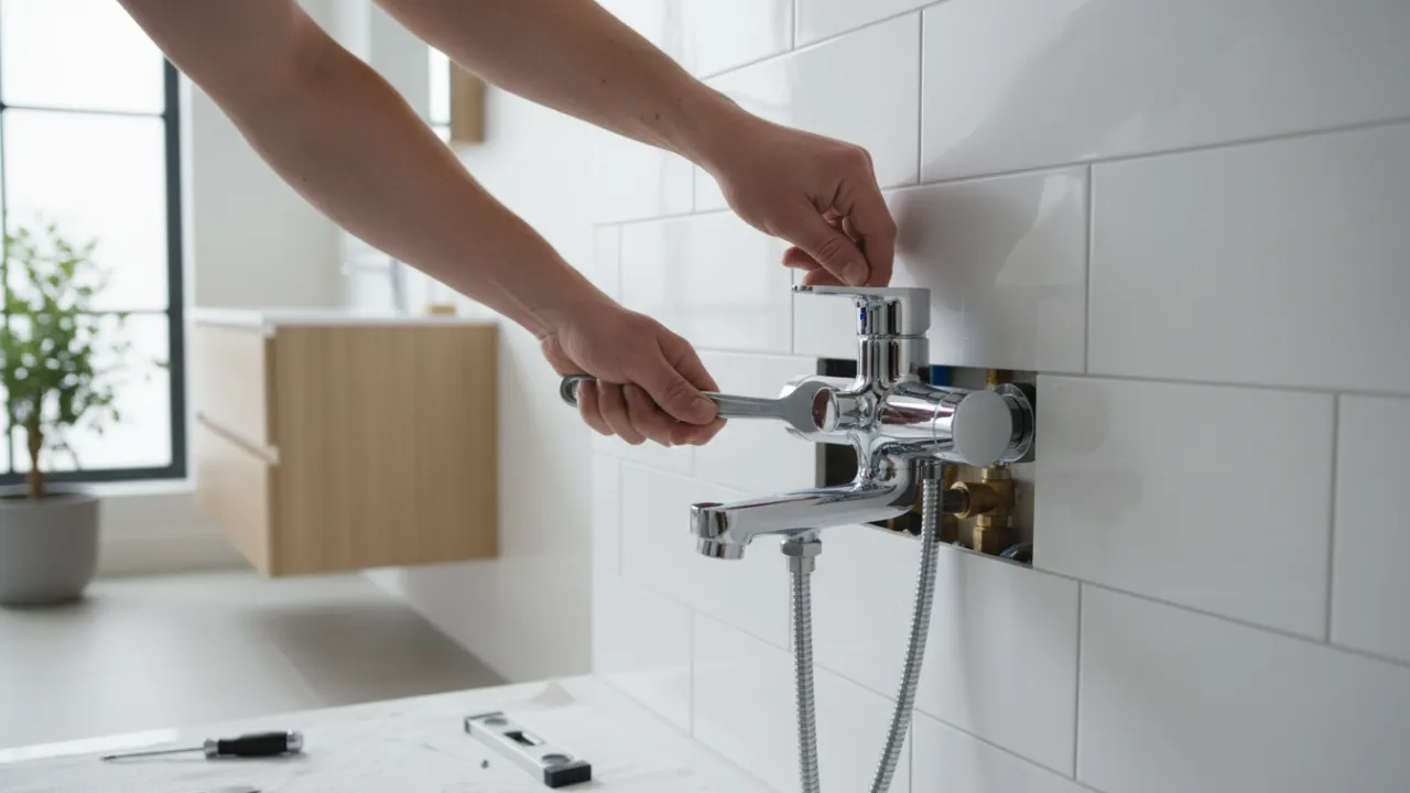 Installation av blandare för badkar i ett modernt badrum.