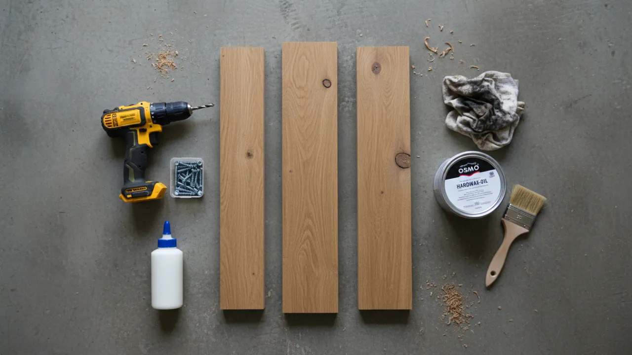 Komplett materialuppsättning för att börja bygga ett matbord.