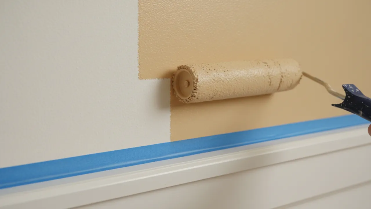 Närbild på målning med perfekt maskering mot golvlist