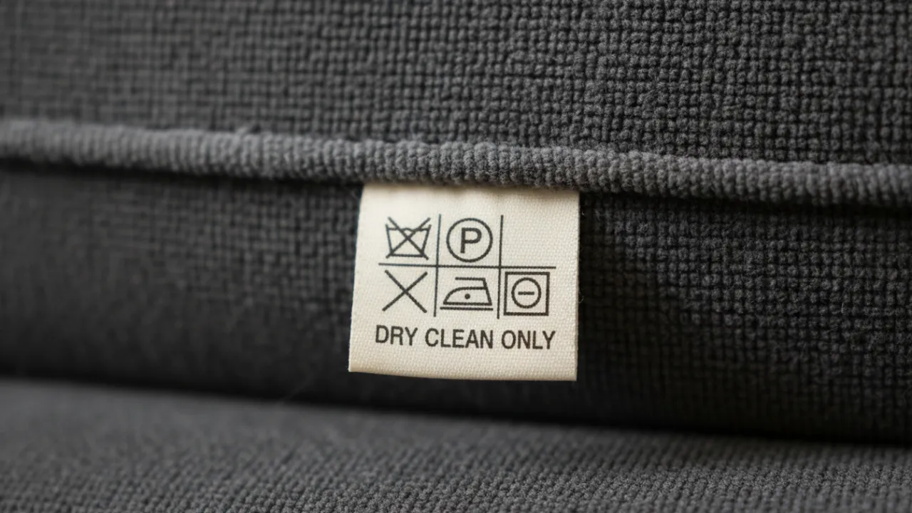 Närbild på tvättrådsetikett på en soffa.