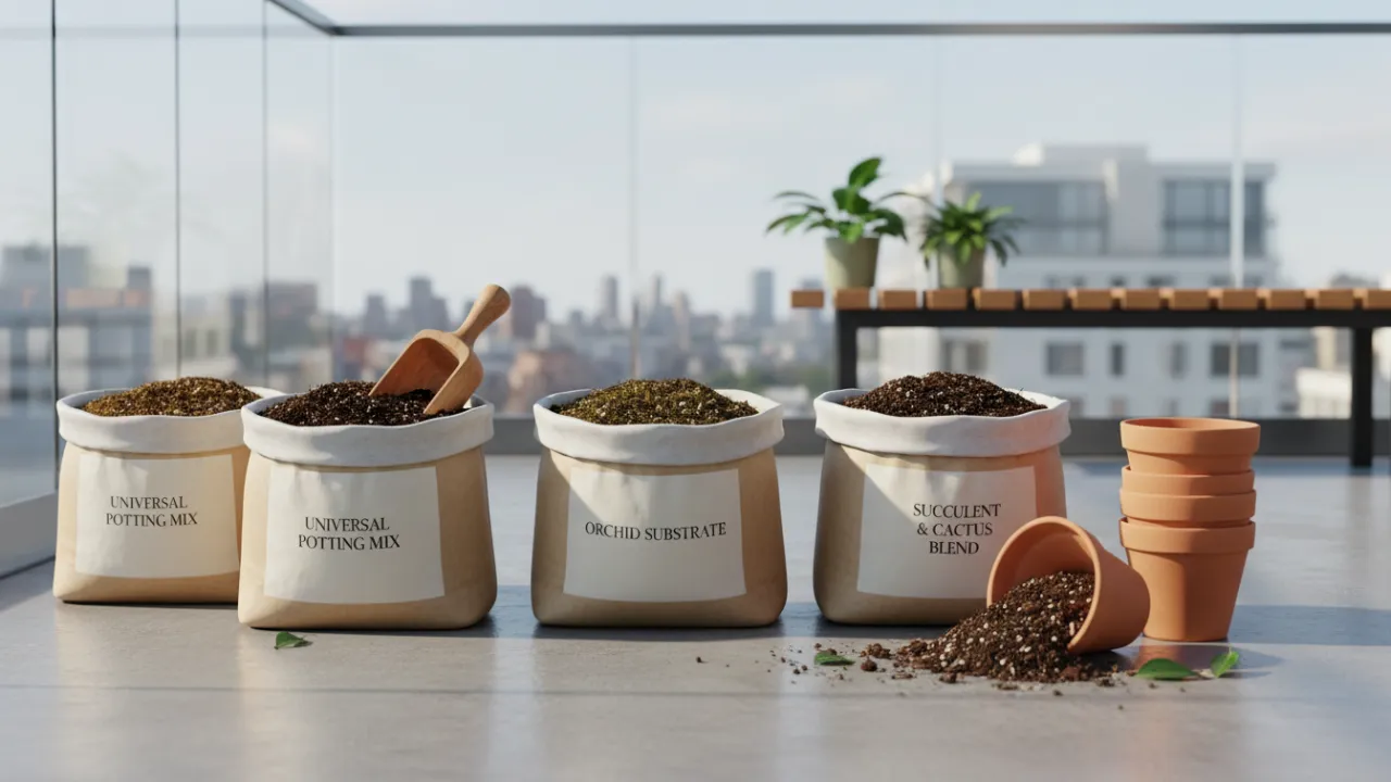 Olika typer av jord och krukor förberedda för plantering på en balkong.