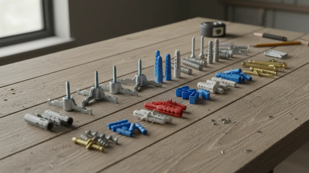 Olika typer av väggpluggar och mollyplugg på en arbetsbänk
