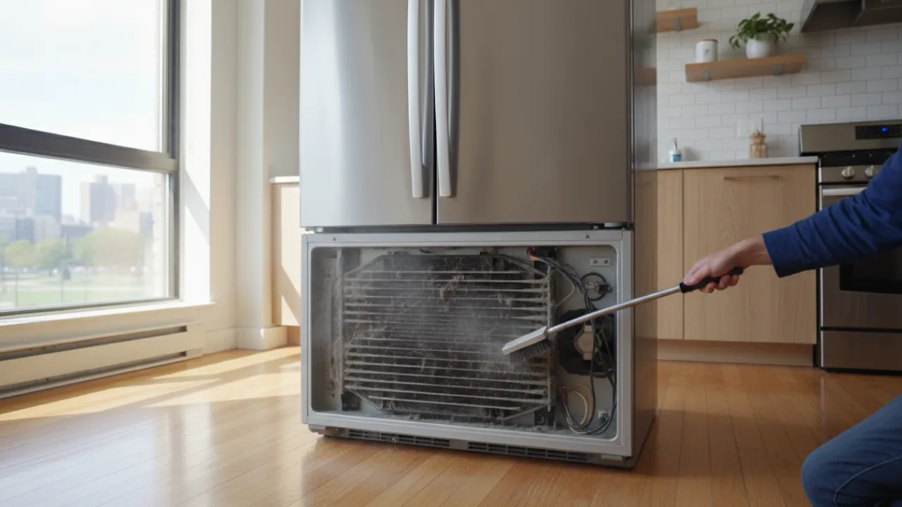 Rengöring bakom kylskåpet för att sänka elförbrukningen.