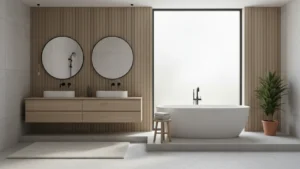 Ett modernt fristående badkar i en svensk lägenhet med skandinavisk design.