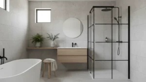 En modern duschkabin installerad i ett stilrent skandinaviskt badrum.