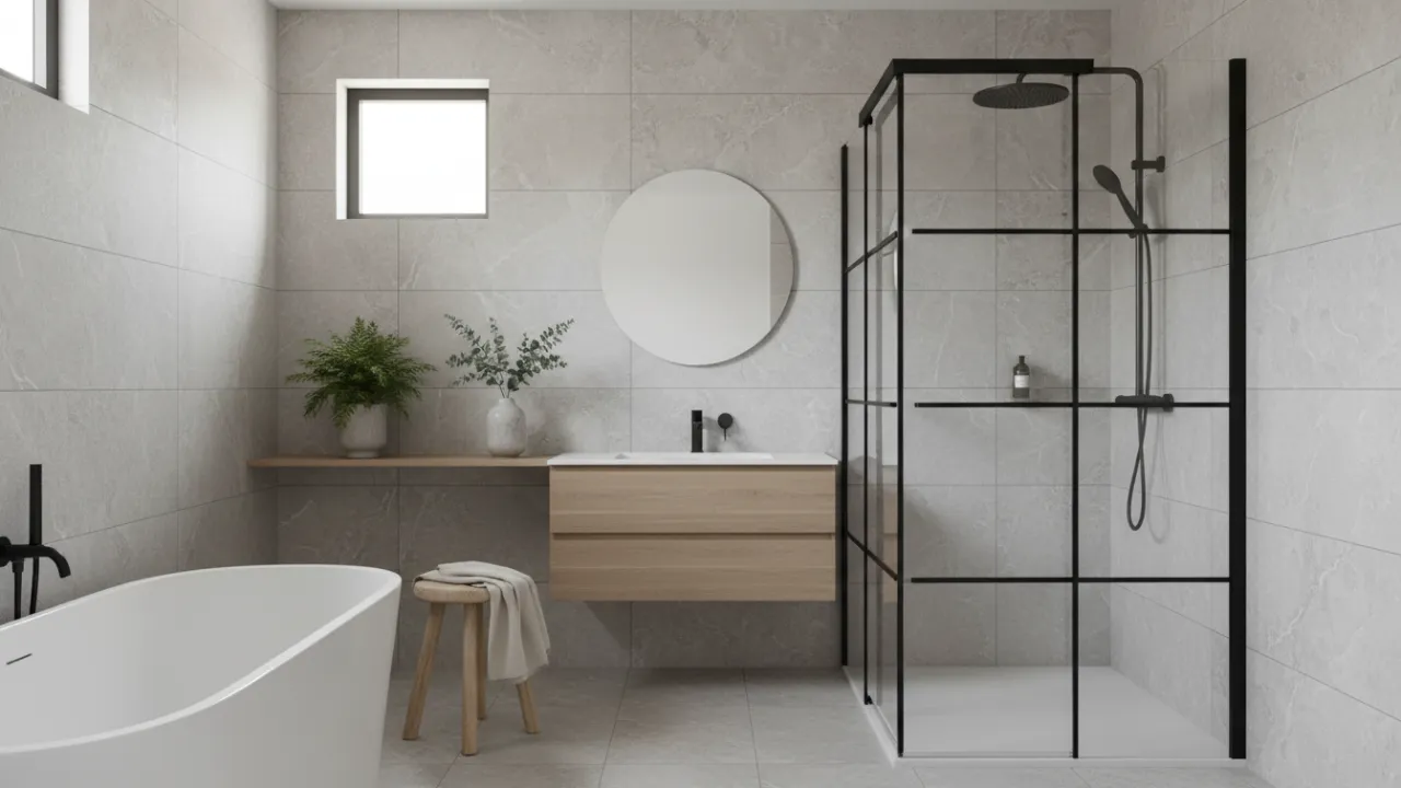 En modern duschkabin installerad i ett stilrent skandinaviskt badrum.