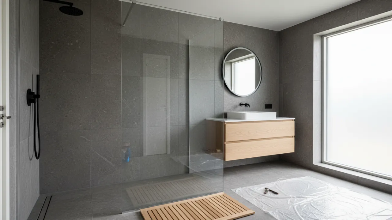 Modern installation av duschvägg i en lägenhet med skandinavisk design.