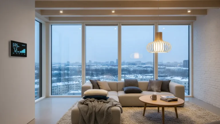 En modern lägenhet med fokus på en digital termostat som visar energiförbrukning.