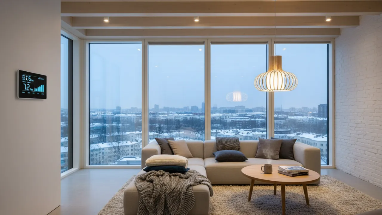 En modern lägenhet med fokus på en digital termostat som visar energiförbrukning.